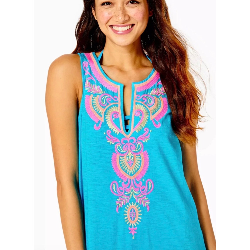 Lilly Pulitzer Blue Embroidered Pom Pom‎ Maxi Dress Sleeveless Cover Up Small - Picture 4 of 9